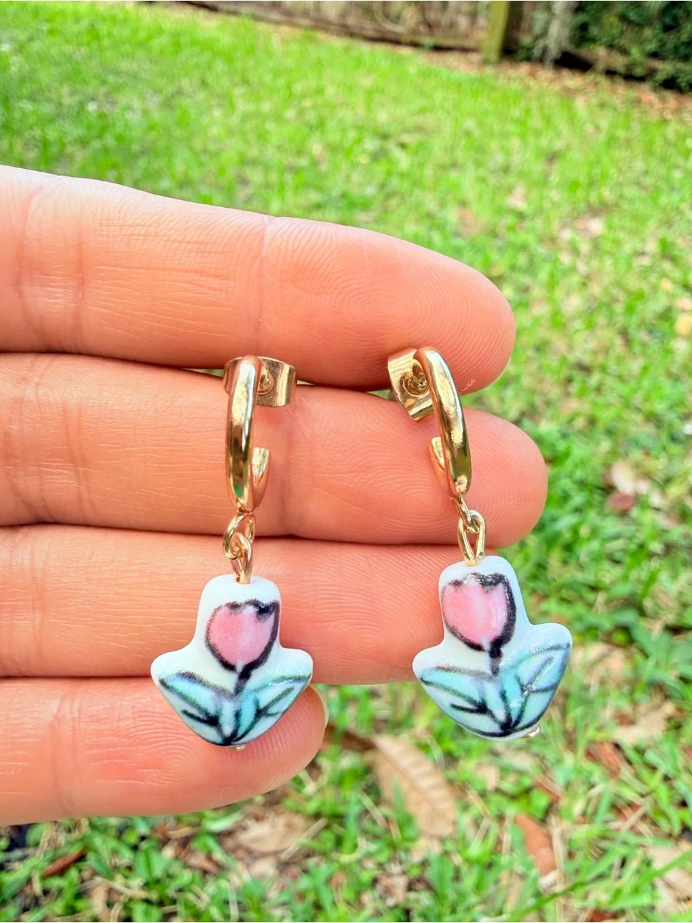 Gold Hoop Earrings with Pink Flower Charms